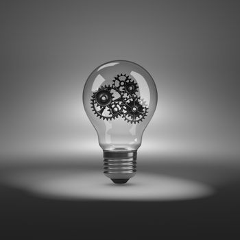One Single Light Bulb with Metallic Gears Inside under Spotlight 3D Illustration