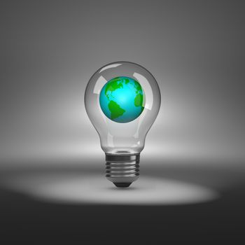 Light Bulb under Spotlight with the Earth Planet Inside 3D Illustration