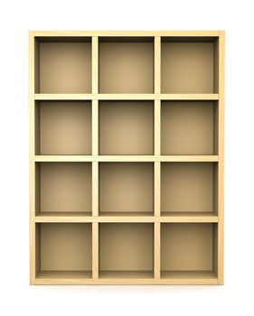 Empty Wooden Bookshelf on White Background