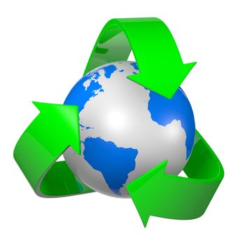 Recycle Sign Arrows around the World on White Background 3D Illustration