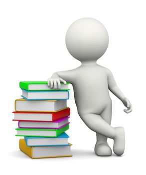 White 3D Character Leaned on a Heap of Books Illustration on White Background