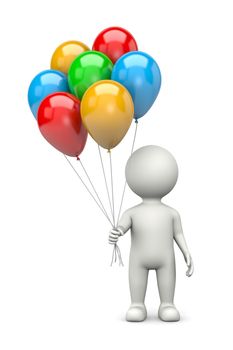 White 3D Character with a Bunch of Colorful Balloons Illustration on White Background