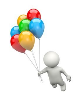 White 3D Character Flying with a Bunch of Colorful Balloons Illustration on White Background