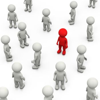 Red 3D Character Stand Out in a Crowd of White, 3D Illustration on White Background