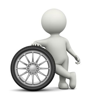 White 3D Character Leaned on a Car Wheel 3D Illustration on White Background