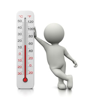 White 3D Character Leaned on a Thermometer 3D Illustration