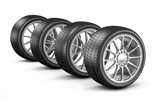 Four Car Wheels on White Background 3D Illustration