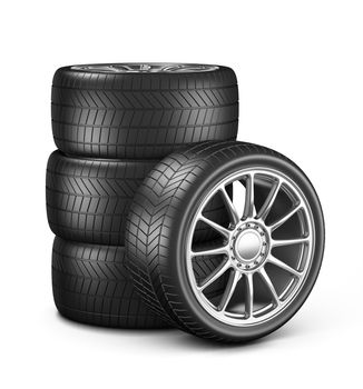 Four Car Wheels on White Background 3D Illustration