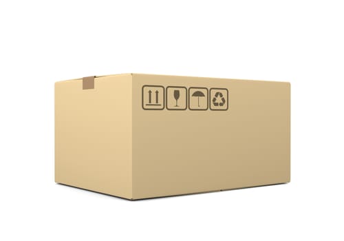 One Single Closed Beige Cardboard Box on White Background 3D Illustration