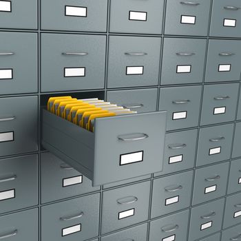 Metallic Archive Rack with One Open Drawer Full of Yellow Document Folders, Find Documents Concept 3D Illustration