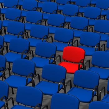 Red Chair Stand Out in a Crowd of Blue, 3D Illustration on White Background