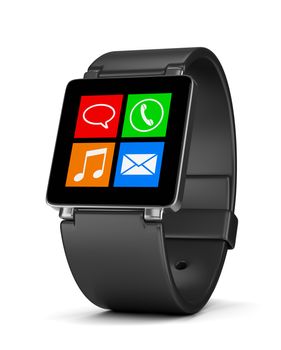 Black Smartwatch with App Icons on Display on White Background 3D Illustration