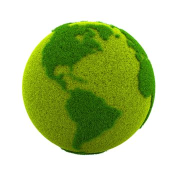 Grassy Green Earth Planet American Side Isolated on White Background 3D Illustration