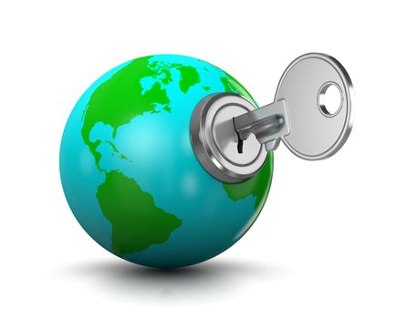 Metal Key Inserted in a Blue and Green World Globe Shaped Lock 3D Illustration on White Background