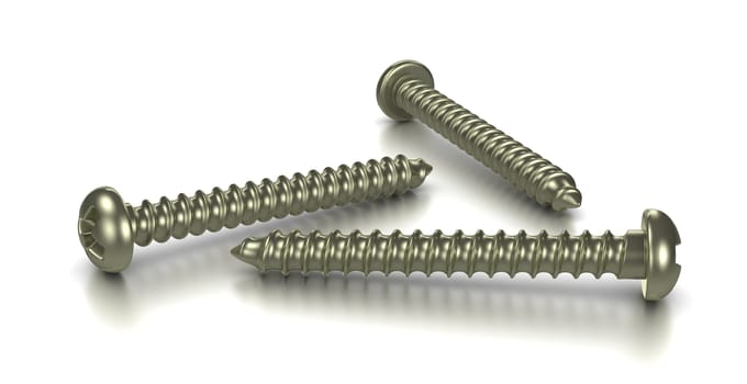 Three Metallic Screws on White Background