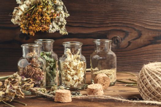 Drying and harvesting of medicinal herbs, homeopathy and alternative medicine concept.