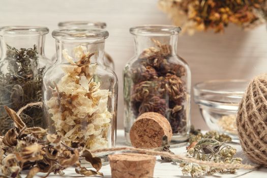 Drying and harvesting of medicinal herbs, homeopathy and alternative medicine concept.