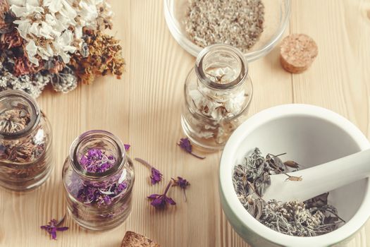 Drying and harvesting of medicinal herbs, homeopathy and alternative medicine concept.