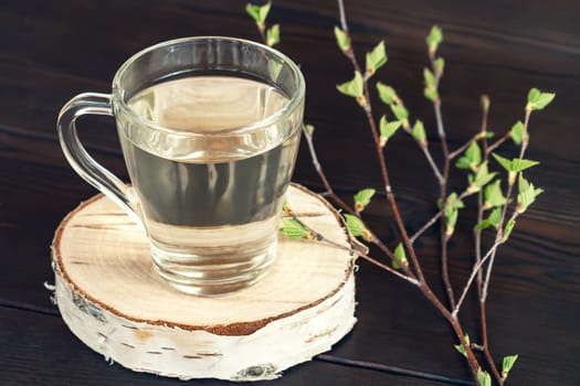 Birch juice on a dark table in a glass mug, next to a branch of birch with young leaves.