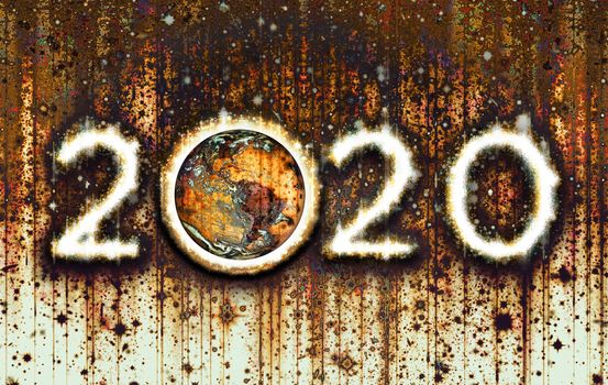 Hot white 2020 with a matrix of rusty vertical lines and the Earth replacing the first zero. 3D illustration.