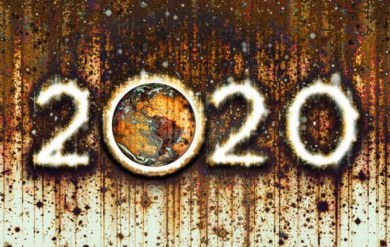 Hot white 2020 with a matrix of rusty vertical lines and the Earth replacing the first zero. 3D illustration.