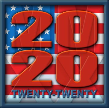 The year 2020, both in number and spelled out; designed using the United States Flag Stars and Stripes. 3D Illustration