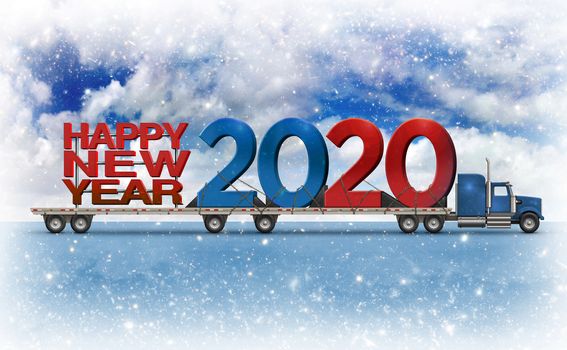 Giant Happy New Year and 2020 on a flatbed truck set against a cloudy snowy background. 3D illustration 