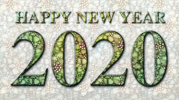 3D illustration of the words Happy New Year 2020 integrated with a background of Holly plants.