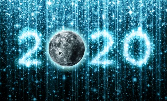 The year 2020 created by stars with the Moon as the first zero.  3D Illustration. Moon image: Coutesy: NASA