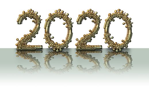 The year 2020 formed out of brass musciacl instrument components; reflected onto a smooth shiny table top.     3D Illustration