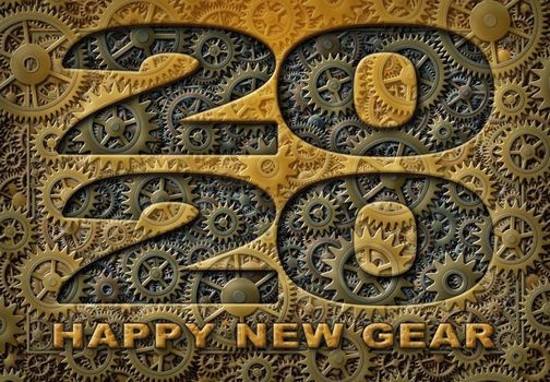 The year 2020 and the words Happy New Gear illustrated with a pattern of interlocking gears. 3D Illustration