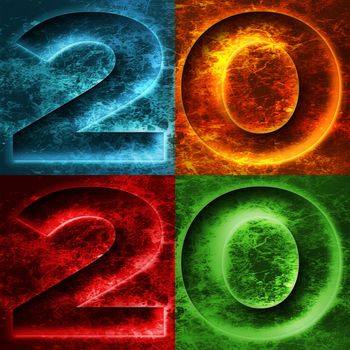 2020 in four different colored squares with a pattern of light similar to marble veins or lightning. 3D Illustration