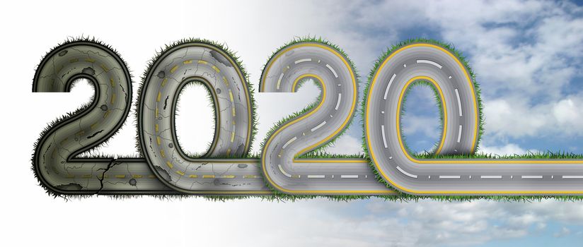 The numbers 2020 are joined together as one continuous divided highway getting better and better. 3D Illustration