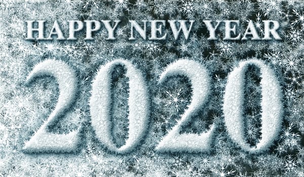3D illustration of Happy New Year and the year 2020 formed from snow flakes laying on the ground. 3D illustration