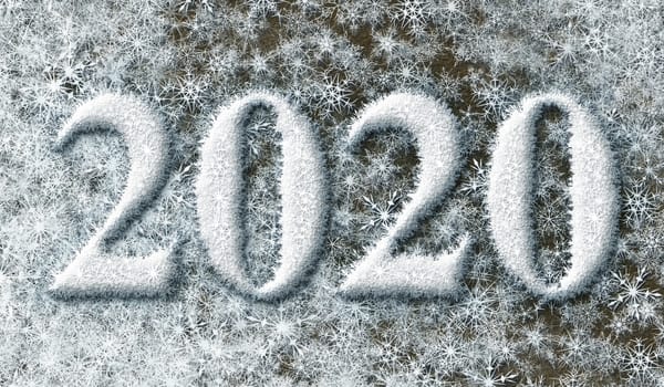 3D illustration of the year 2020 formed from snow flakes laying on the ground. 3D illustration