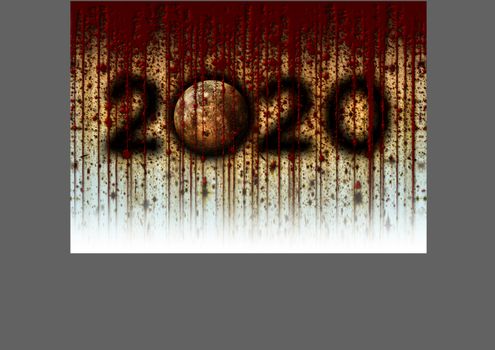 The Year 2020 and the Moon presented in a grunge style with dark shadows, dripping blood; reds, yellows. 3D Illustration