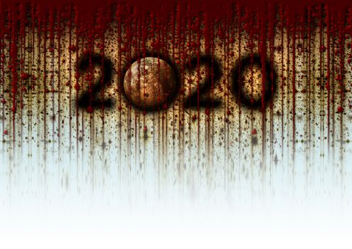 The Year 2020 and the Moon presented in a grunge style with dark shadows, dripping blood, reds, yellows, and space to add copy. 3D Illustration