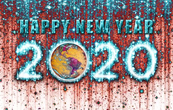 Blue and Pink Stringy Psychedelic Happy New Year 2020 With Earth. 3D illustration.