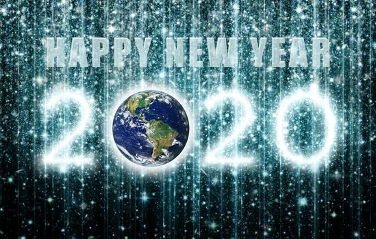 Happy New Year 2020 is created out of clusters of stars; with the earth as the first zero.. 3D illustration