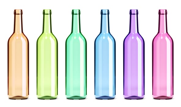 Colored Transparent Glass Empty Bottles Set Isolated on White Background 3D Illustration