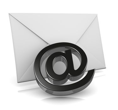 Single Mail Envelope with Email Black At Symbol 3D Illustration on White Background