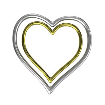 Two Concentric Heart Shaped Golden and Silver Rings Frame Isolated on White Background 3D Illustration