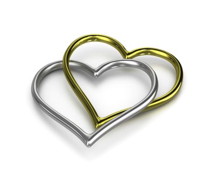 Couple of Chained Heart Shaped Golden and Silver Rings on White Background 3D Illustration