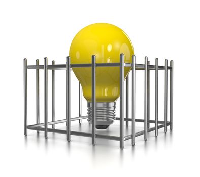 One Single Yellow Light Bulb in a Cage on White Background 3D Illustration