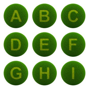 Series of Green Globe with Grass Cutted in the Shape of Alphabetic Letter 3D Illustration Isolated on White Background