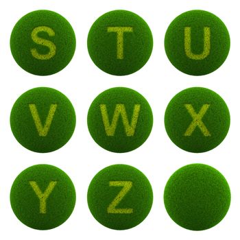 Series of Green Globe with Grass Cutted in the Shape of Alphabetic Letter 3D Illustration Isolated on White Background