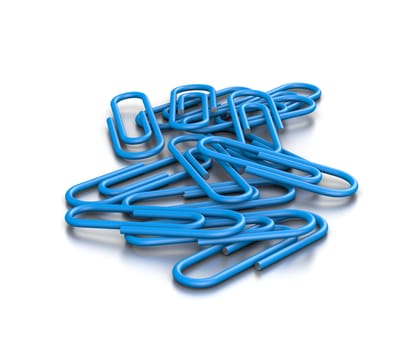 Heap of Untidy Blue Paperclips on White Background 3D Illustration