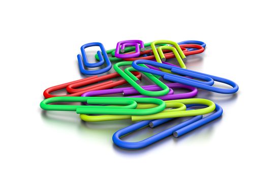 Heap of Untidy Colorful Paperclips on White Background 3D Illustration