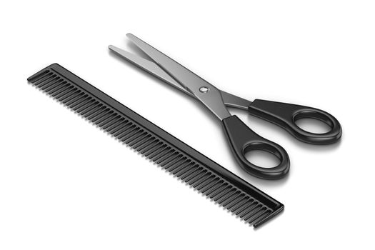 Metal Scissors and Black Plastic Comb on White Background 3D Illustration