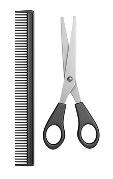 Metal Scissors and Black Plastic Comb Isolated on White Background 3D Illustration